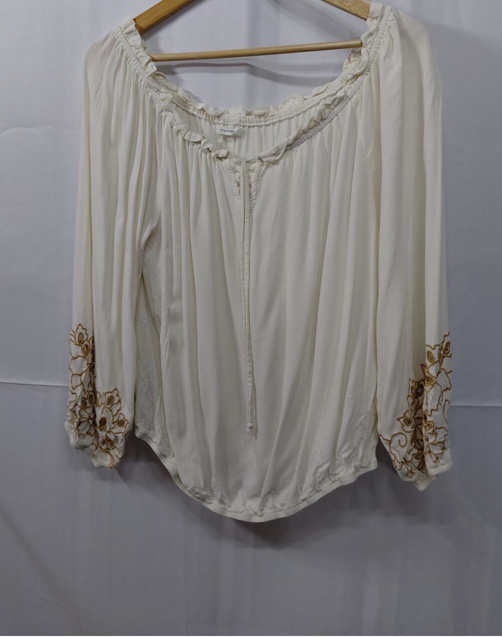 maurices Embroidered Peasant Blouse White Woven 3/4 Sleeve Women Size L